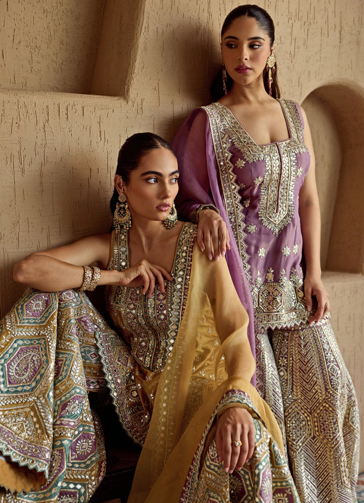 Mustard Yellow Mirror Embroidered Silk Kurta Garara Set