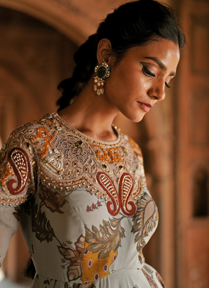 Grey Printed Organza Embroidered Anarkali