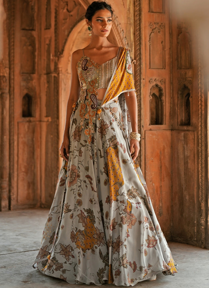 Grey Printed Organza Embroidered Lehenga