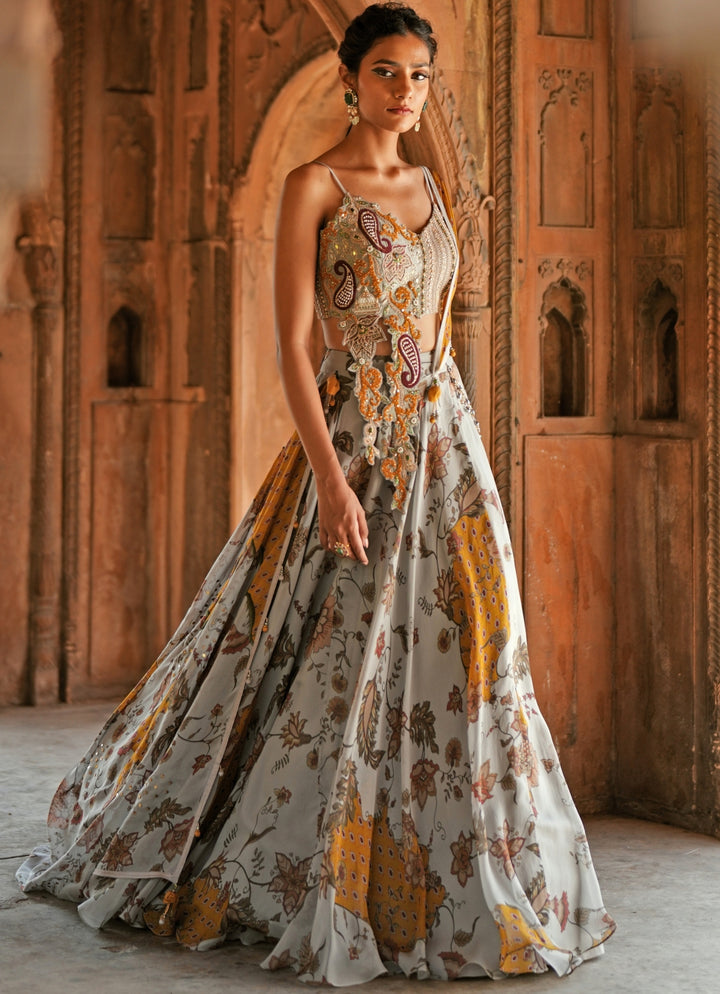 Grey Printed Organza Embroidered Lehenga