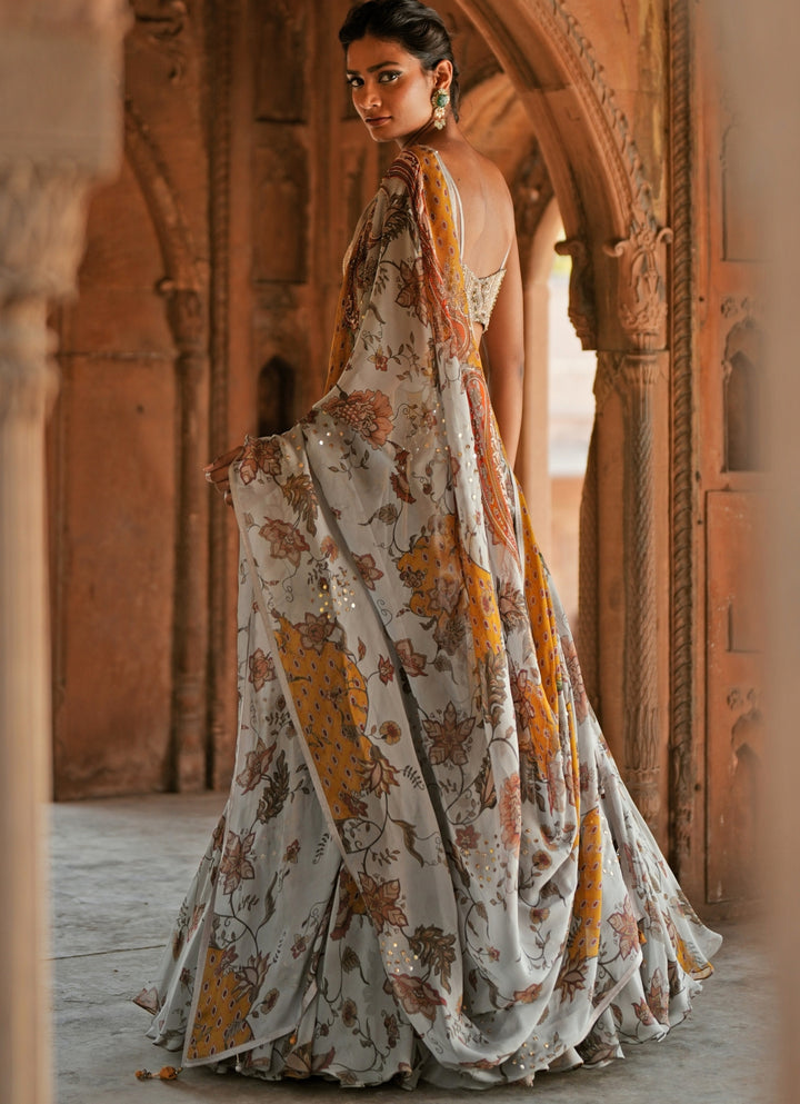 Grey Printed Organza Embroidered Lehenga
