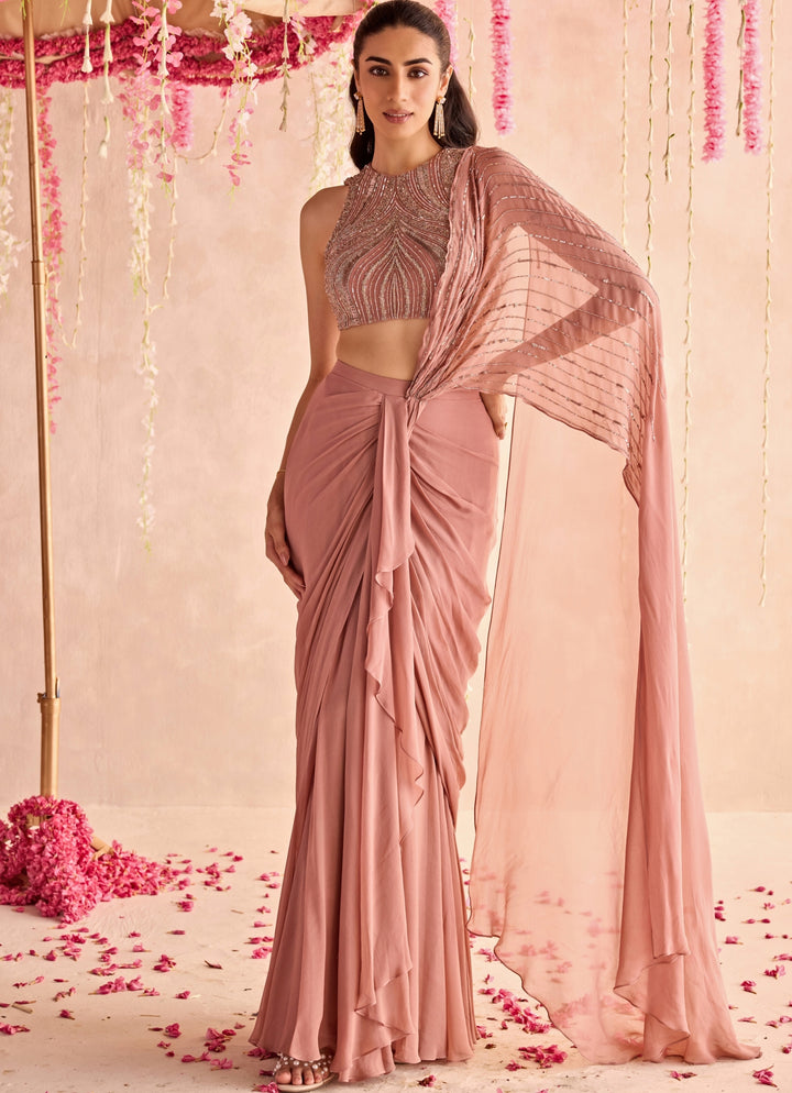 Champagne Pink Georgette Predraped Saree