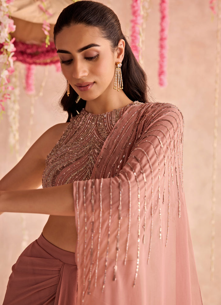Champagne Pink Georgette Predraped Saree