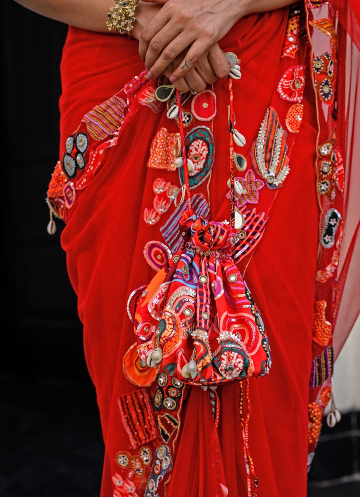 Red Printed Embroidered Potli - Add on Only