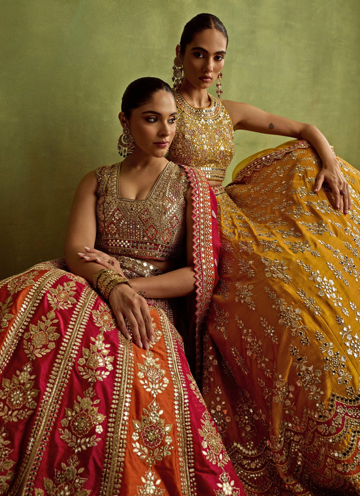 Yellow And Red Mirror And Gota Embroidered Silk Lehenga
