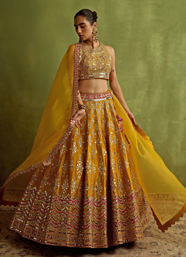 Yellow And Red Mirror And Gota Embroidered Silk Lehenga