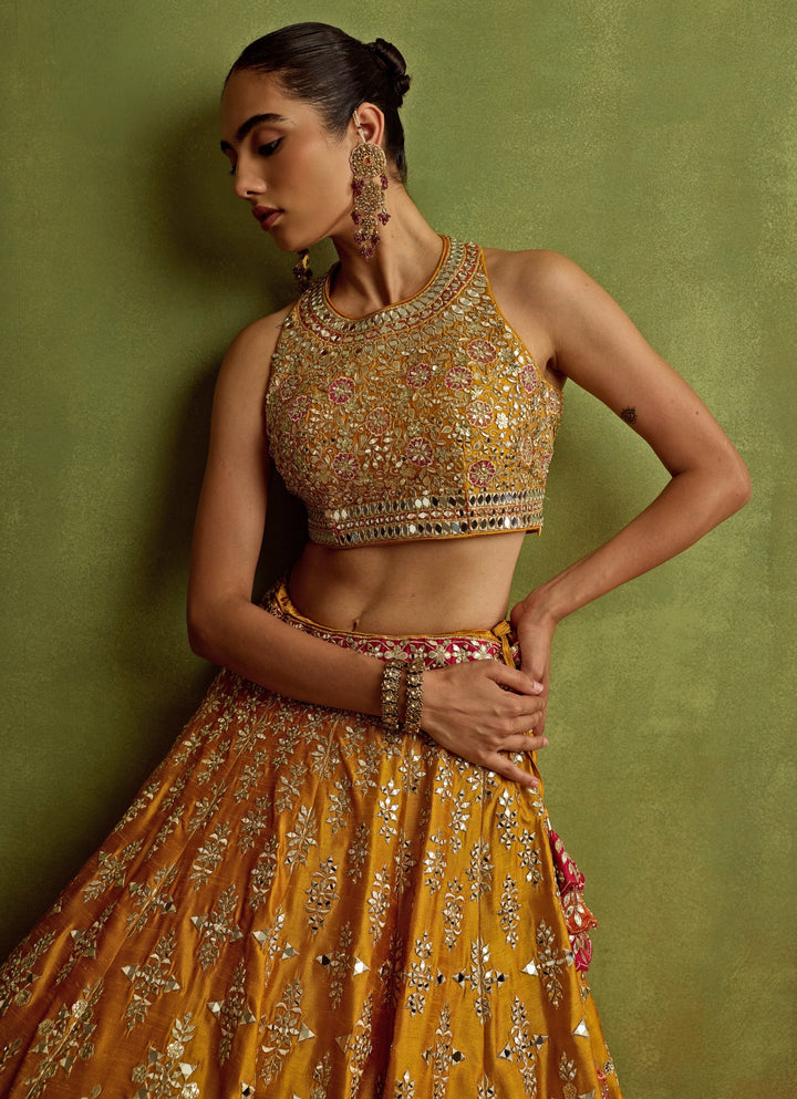 Yellow And Red Mirror And Gota Embroidered Silk Lehenga