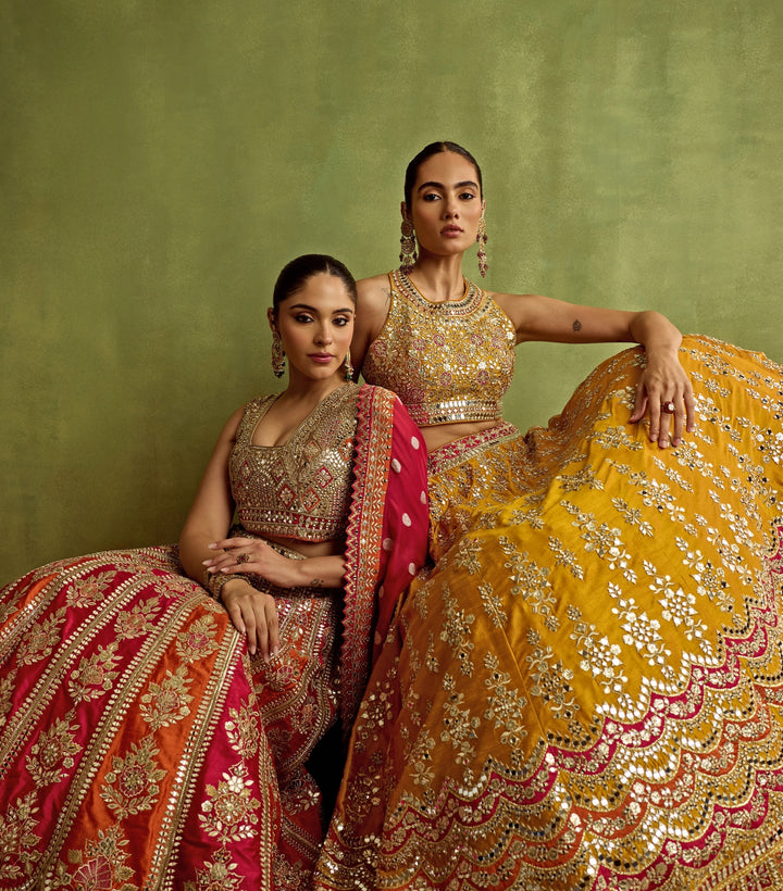 Yellow And Red Mirror And Gota Embroidered Silk Lehenga