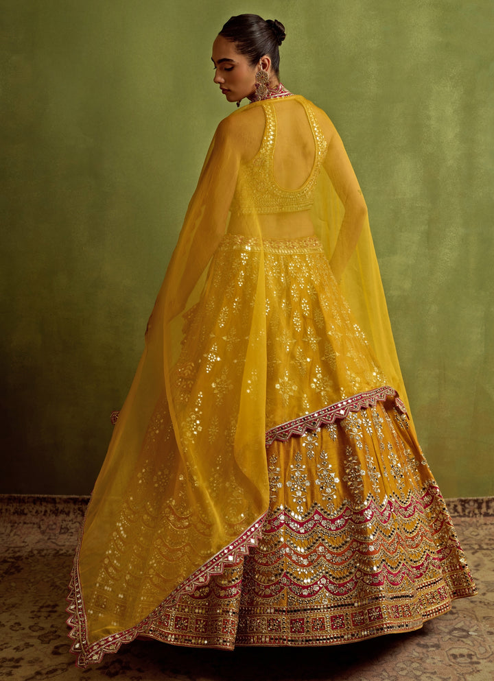 Yellow And Red Mirror And Gota Embroidered Silk Lehenga