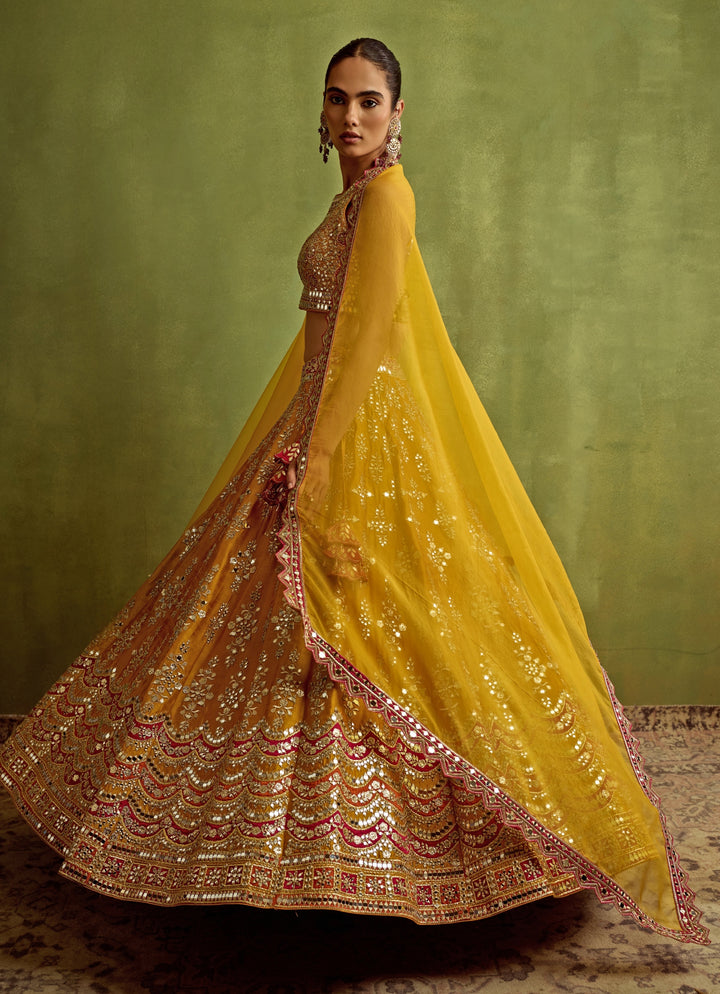 Yellow And Red Mirror And Gota Embroidered Silk Lehenga