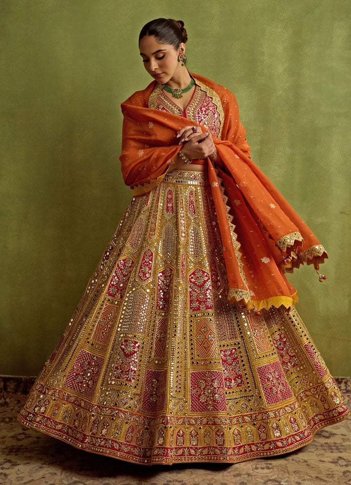 Yellow And Red Mirror Embroidered Silk Lehenga