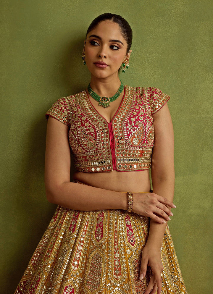 Yellow And Red Mirror Embroidered Silk Lehenga