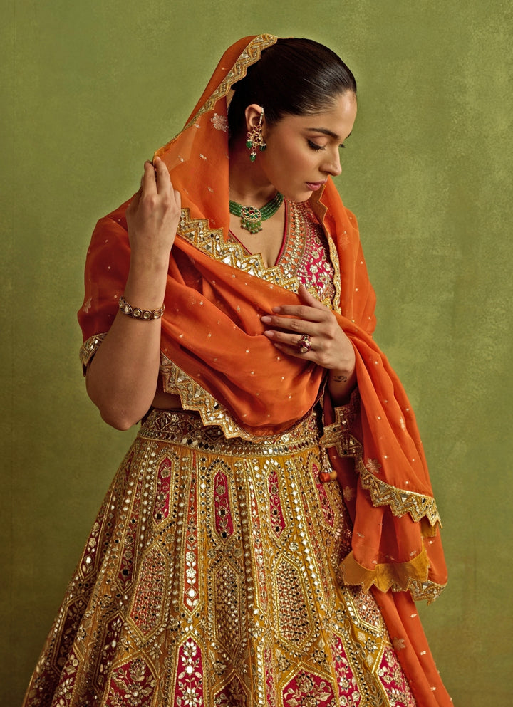 Yellow And Red Mirror Embroidered Silk Lehenga