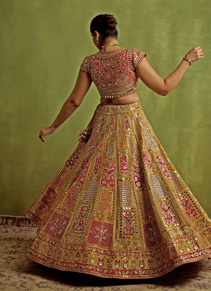 Yellow And Red Mirror Embroidered Silk Lehenga