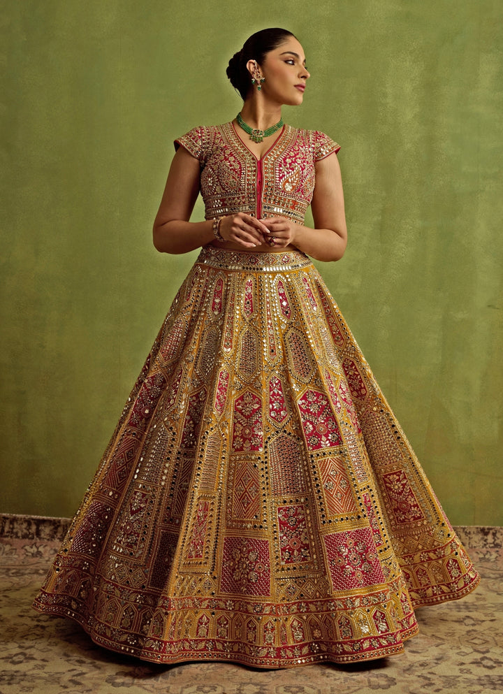 Yellow And Red Mirror Embroidered Silk Lehenga