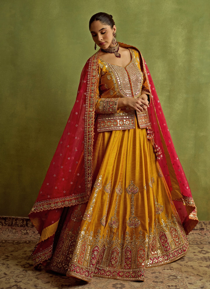 Yellow And Red Silk Embroidered Kurta Lehenga