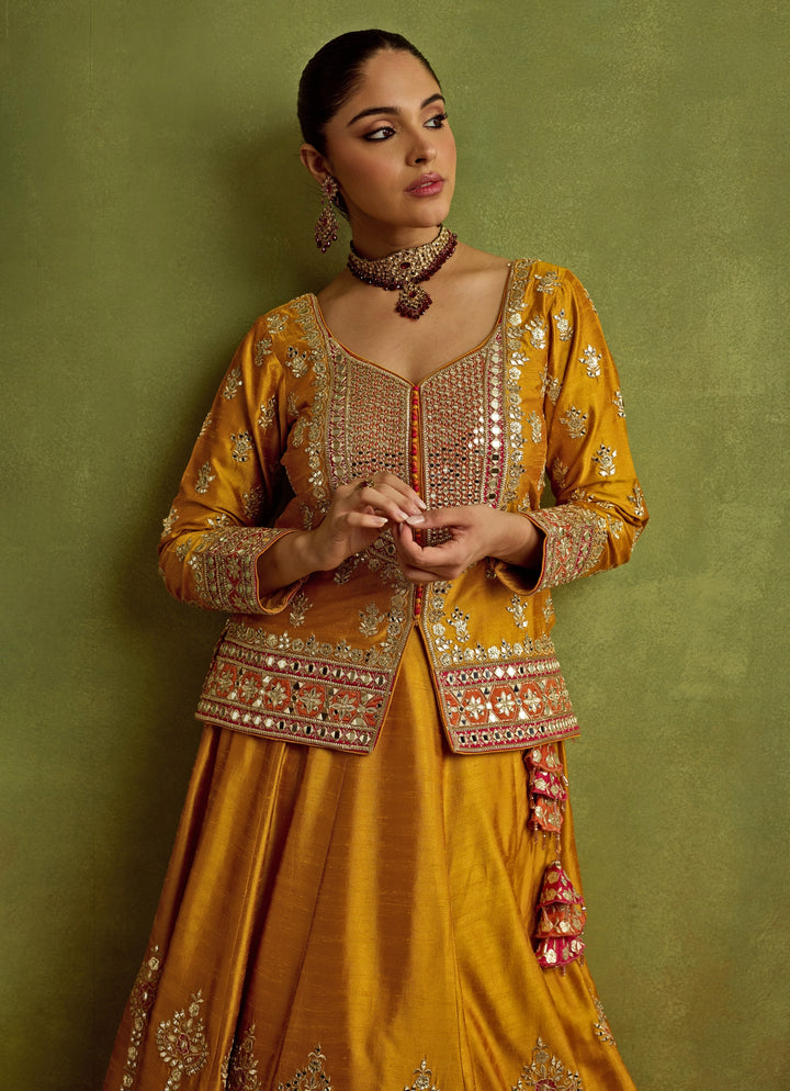 Yellow And Red Silk Embroidered Kurta Lehenga