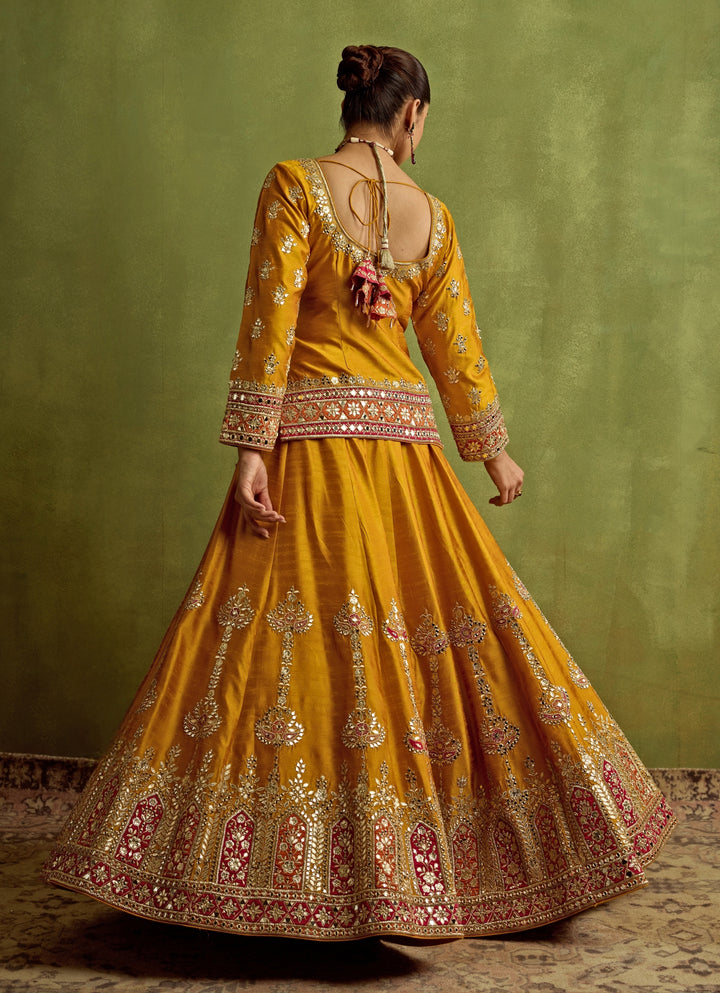 Yellow And Red Silk Embroidered Kurta Lehenga