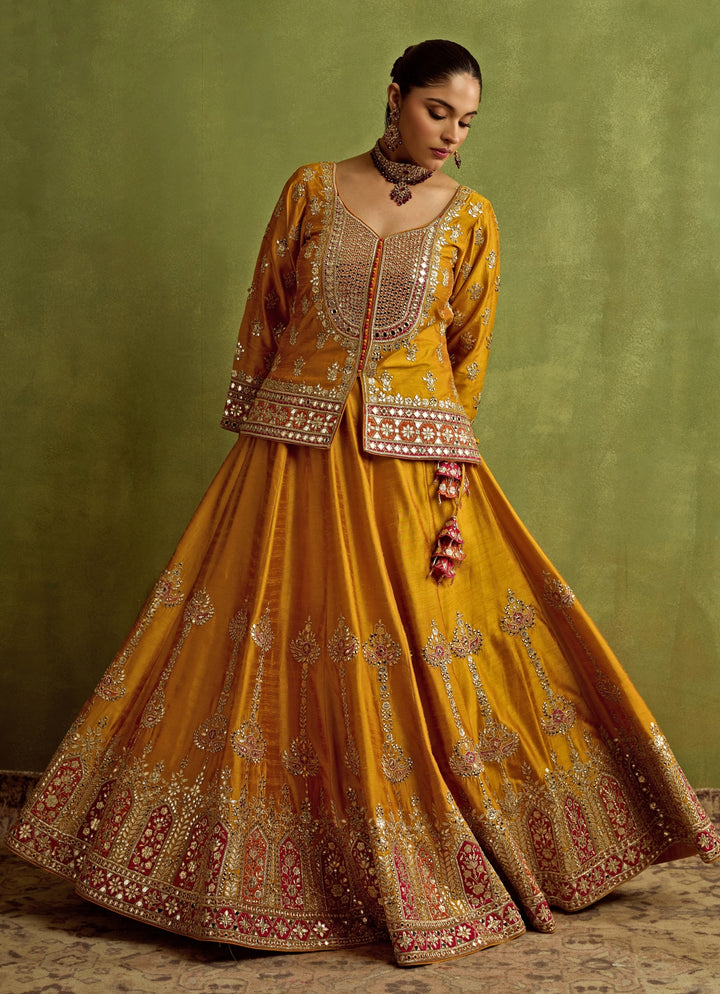 Yellow And Red Silk Embroidered Kurta Lehenga