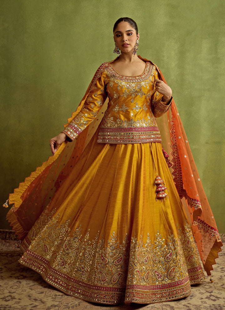 Yellow And Orange Mirror Embroidered Silk Kurta Lehenga