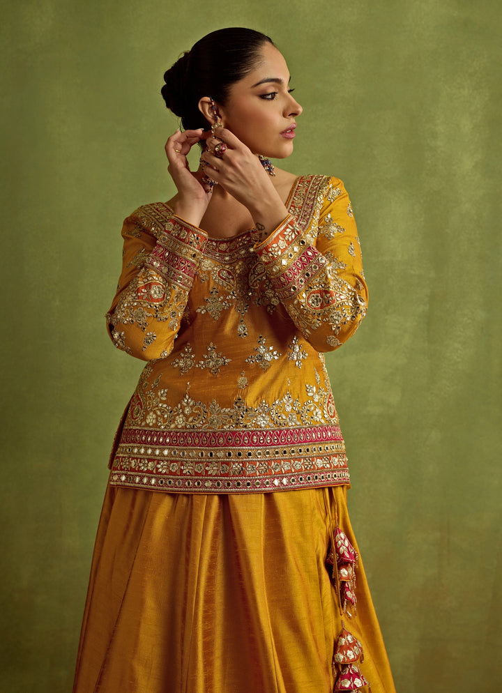 Yellow And Orange Mirror Embroidered Silk Kurta Lehenga