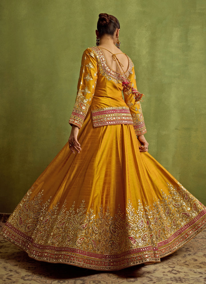 Yellow And Orange Mirror Embroidered Silk Kurta Lehenga