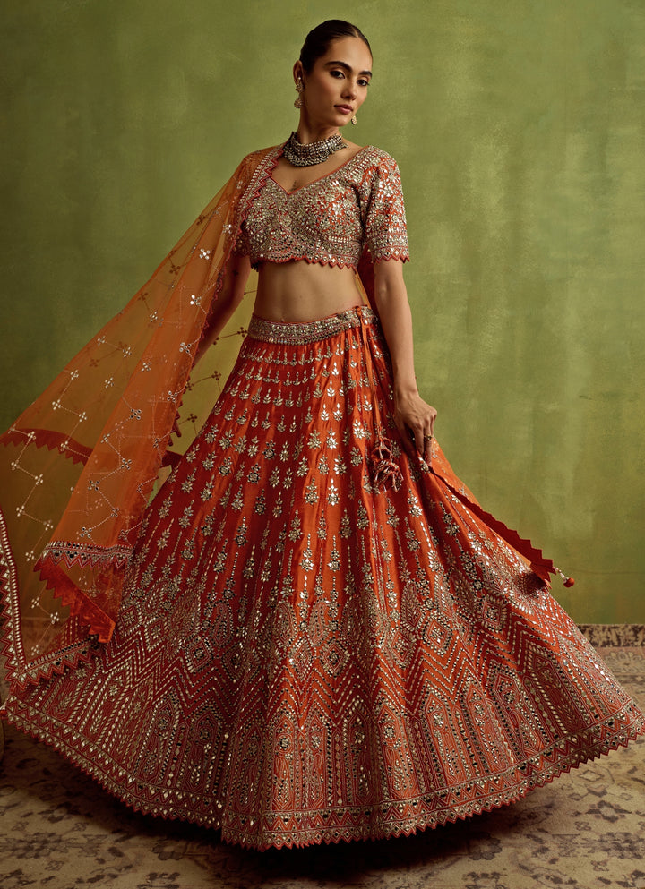 Orange Mirror Embroidered Silk Lehenga