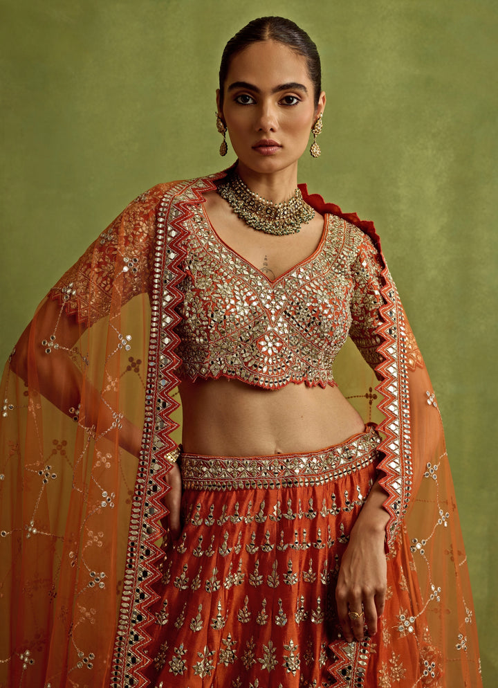 Orange Mirror Embroidered Silk Lehenga