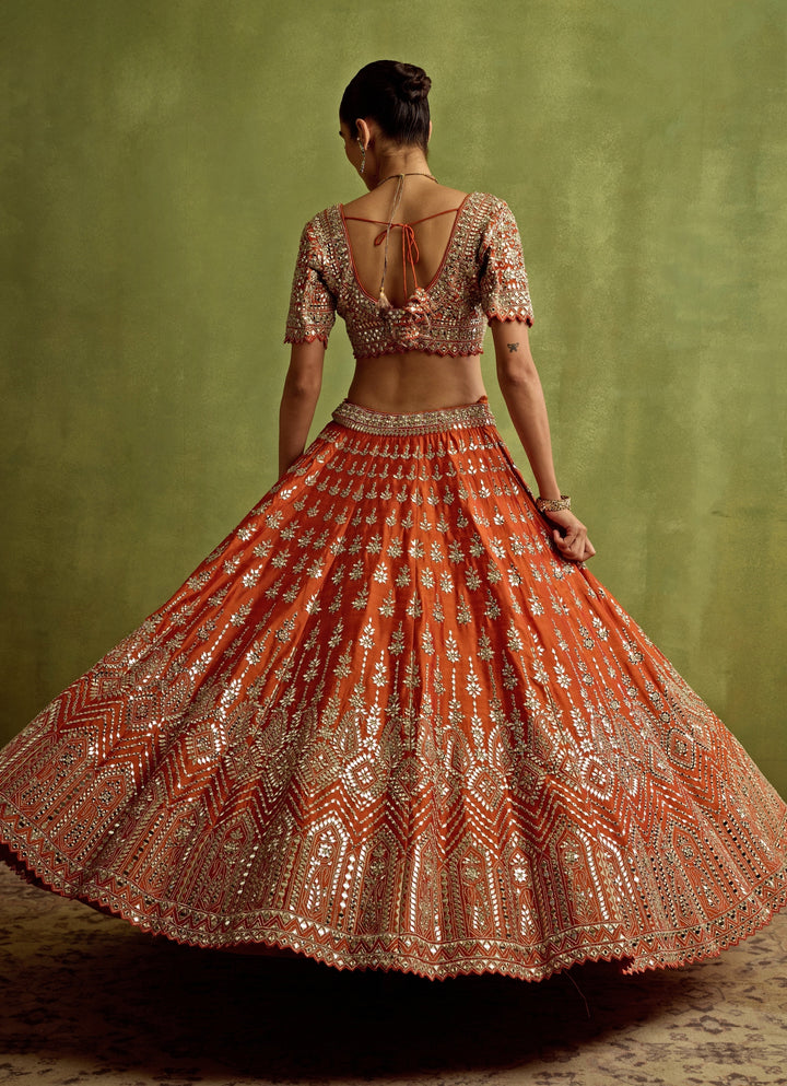 Orange Mirror Embroidered Silk Lehenga