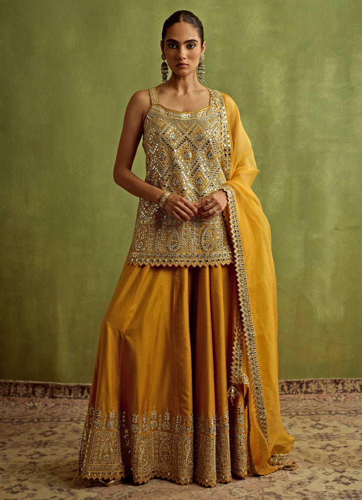 Yellow Silk Embroidered Kurta Sharara Set