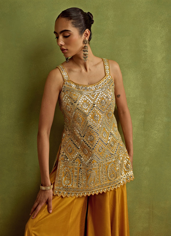 Yellow Silk Embroidered Kurta Sharara Set