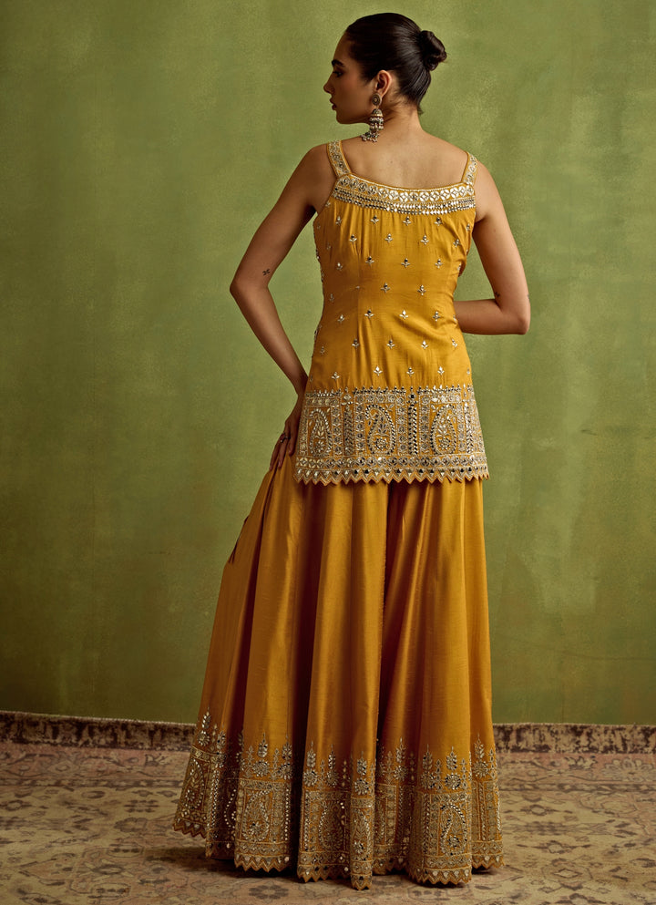 Yellow Silk Embroidered Kurta Sharara Set