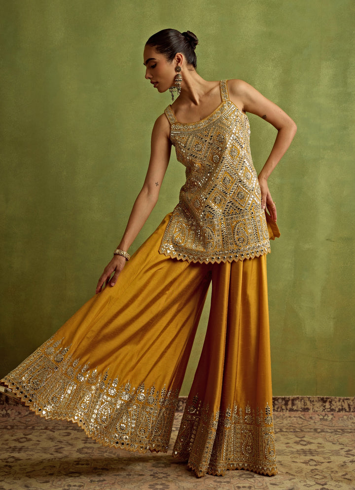 Yellow Silk Embroidered Kurta Sharara Set