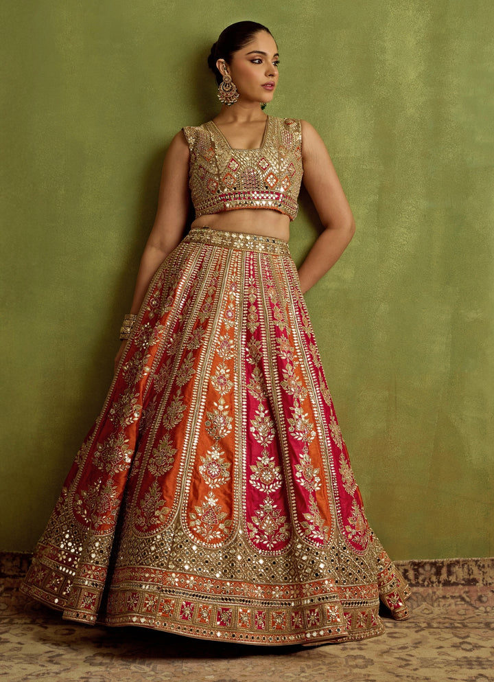 Hot Pink And Orange Gota And Mirror Embroidered Silk Lehenga