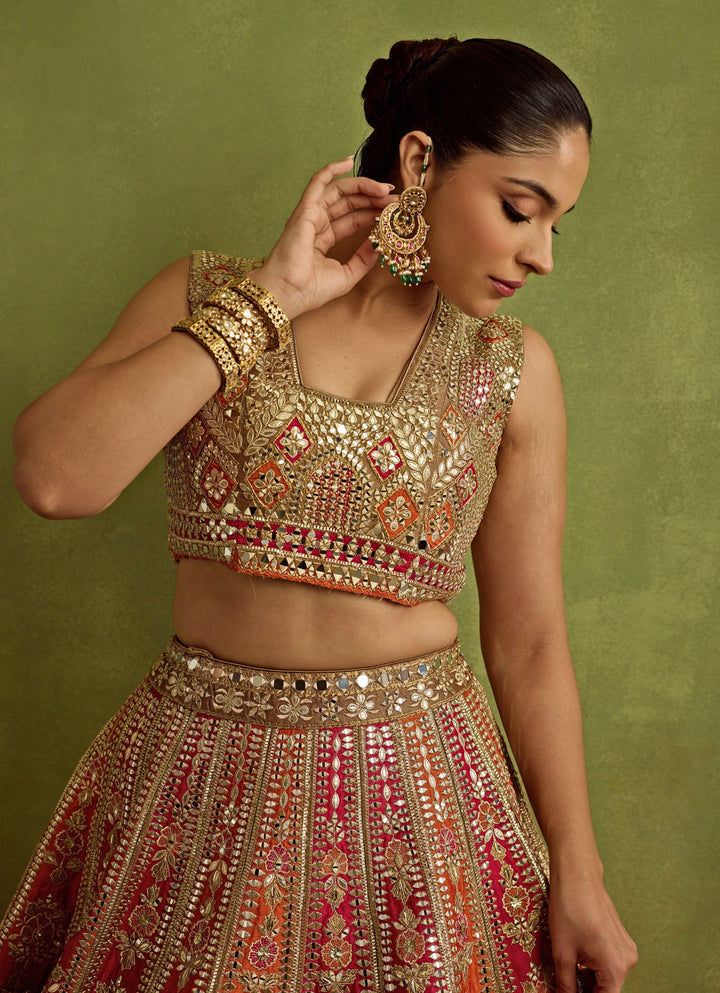 Hot Pink And Orange Gota And Mirror Embroidered Silk Lehenga