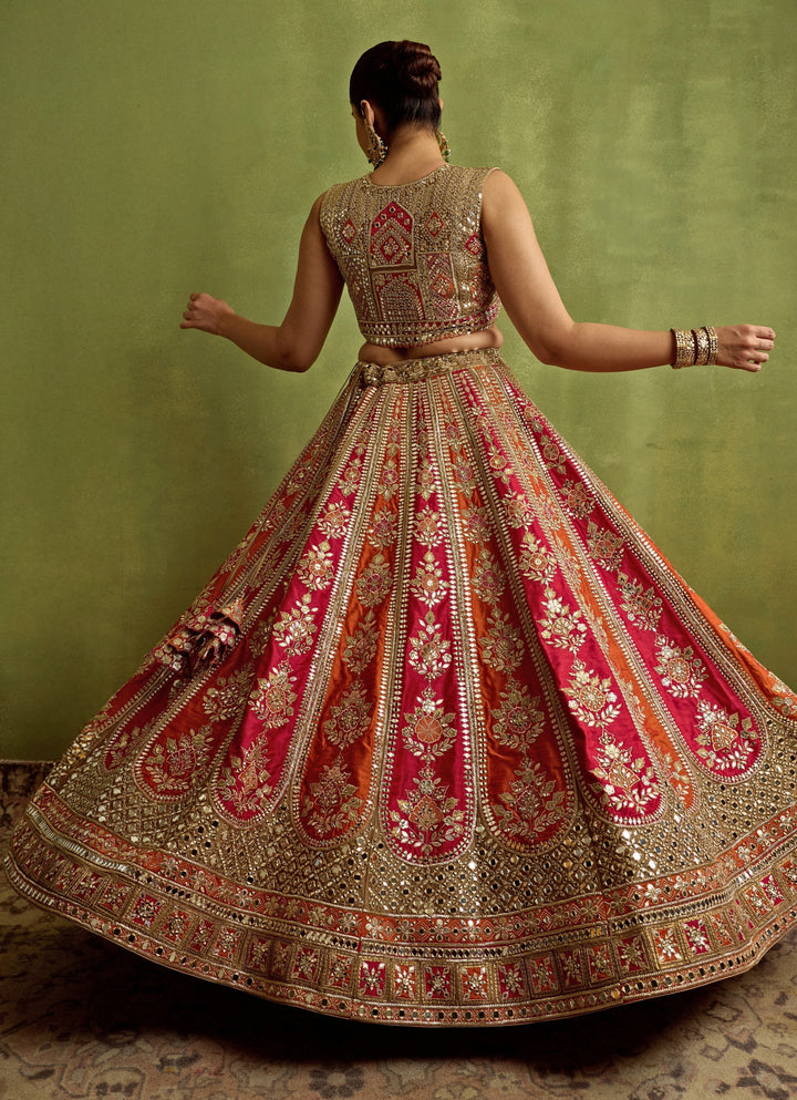 Hot Pink And Orange Gota And Mirror Embroidered Silk Lehenga