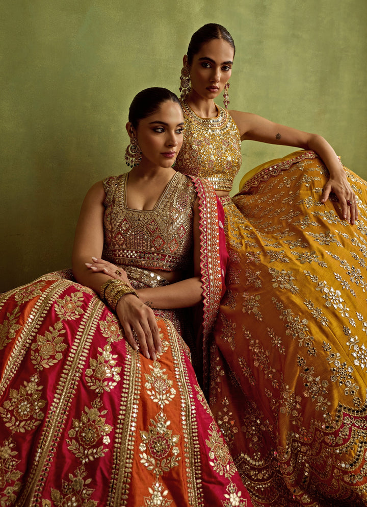 Hot Pink And Orange Gota And Mirror Embroidered Silk Lehenga