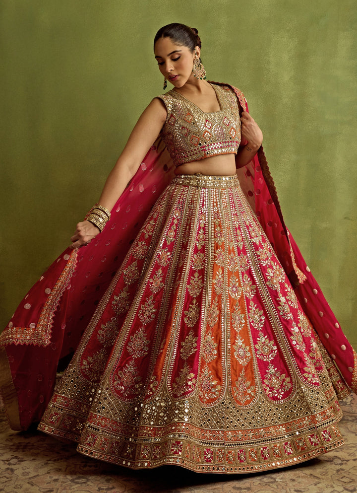 Hot Pink And Orange Gota And Mirror Embroidered Silk Lehenga