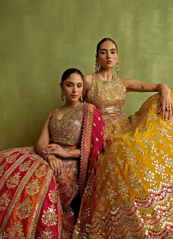 Hot Pink And Orange Gota And Mirror Embroidered Silk Lehenga