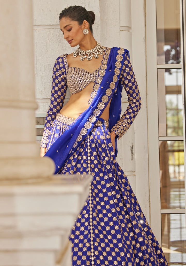 Blue Flower Embroidered Lehenga With Full Sleeves Blouse