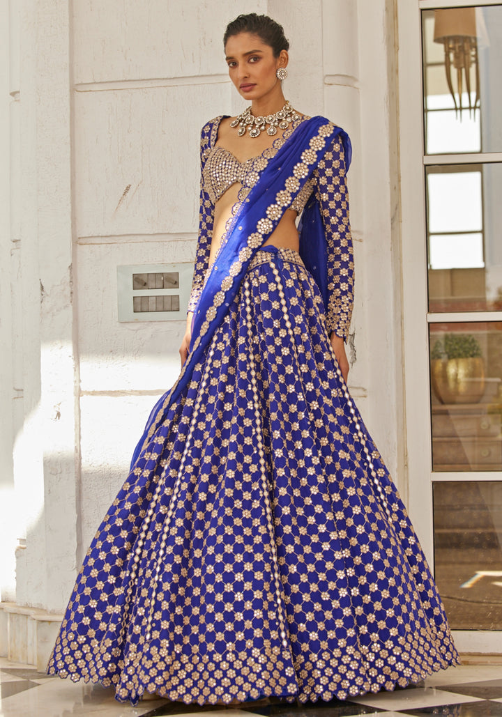 Blue Flower Embroidered Lehenga With Full Sleeves Blouse