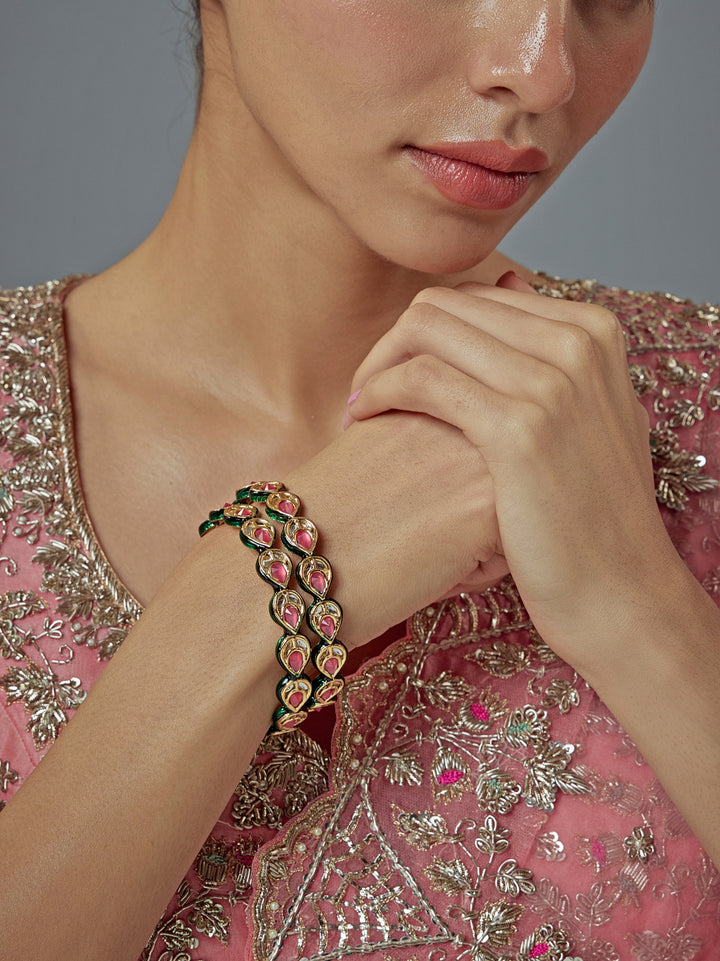 Pink And Green Teardrop Gold Plated Bangles