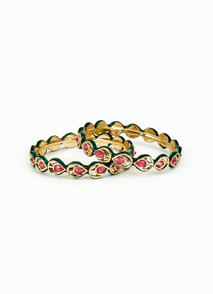 Pink And Green Teardrop Gold Plated Bangles