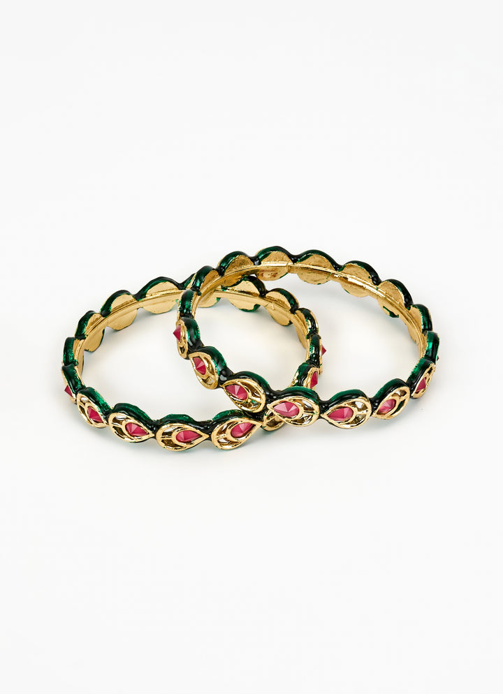 Pink And Green Teardrop Gold Plated Bangles