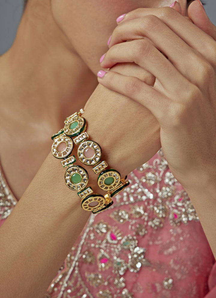 Pink And Green Embellished Gold Plated Bangles