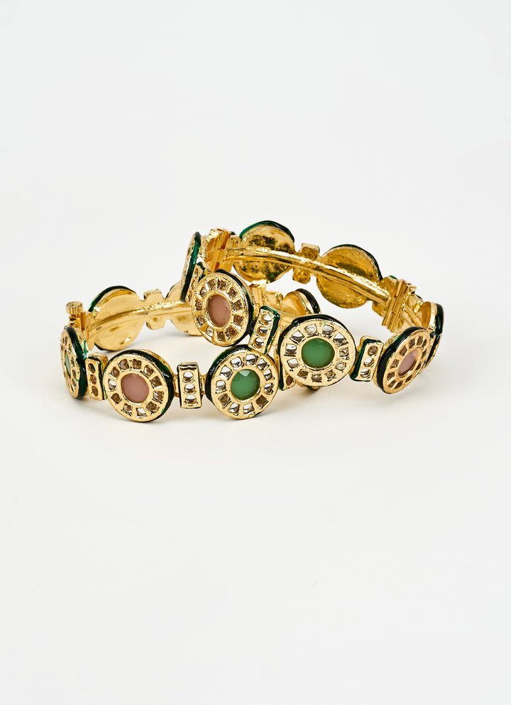 Pink And Green Embellished Gold Plated Bangles