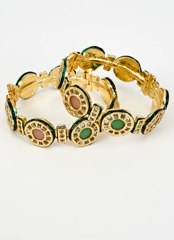 Pink And Green Embellished Gold Plated Bangles