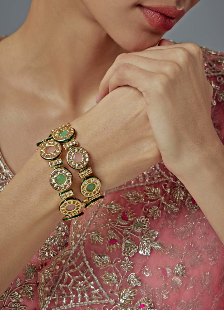 Pink And Green Embellished Gold Plated Bangles