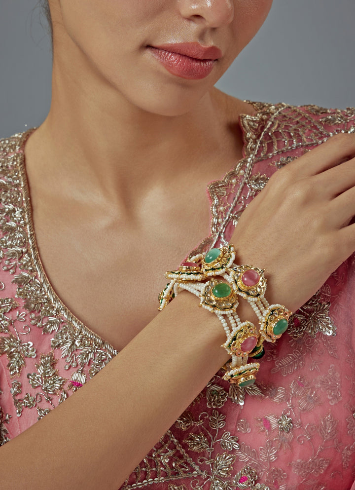 Green And Pink Stone Gold Plated Bangles With Pearl