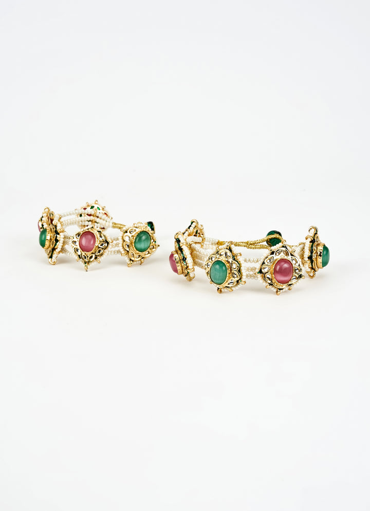Green And Pink Stone Gold Plated Bangles With Pearl
